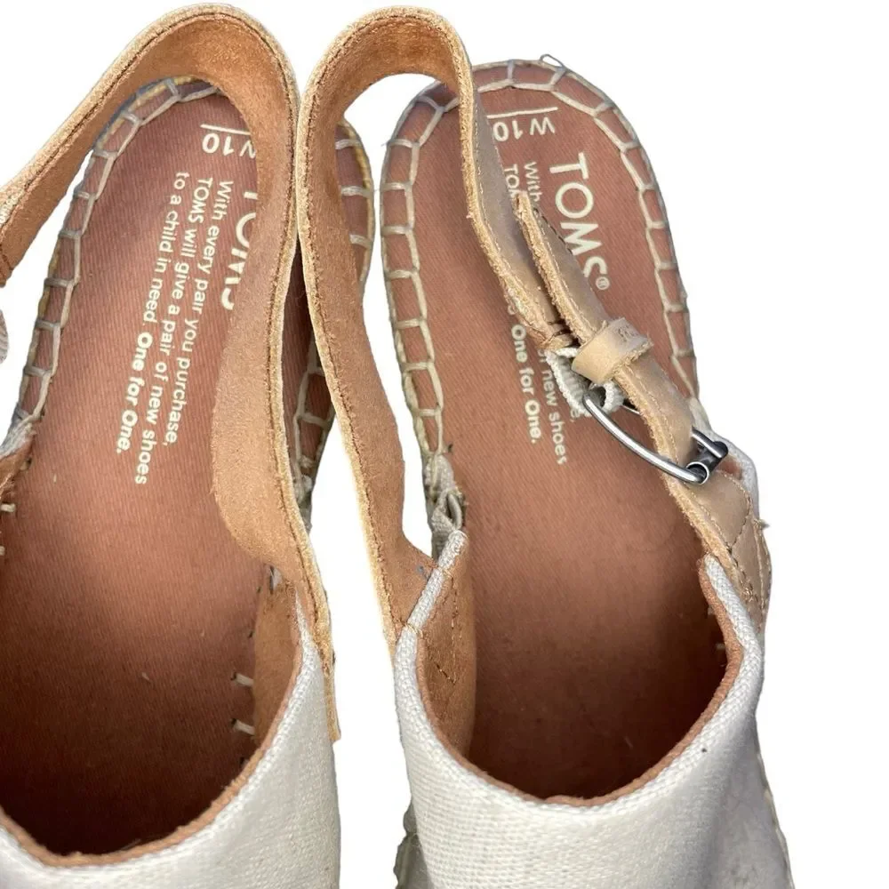 Tom's Monica Wedge Espadrille Adjustable Strap Creme Color Open Toe Size 10